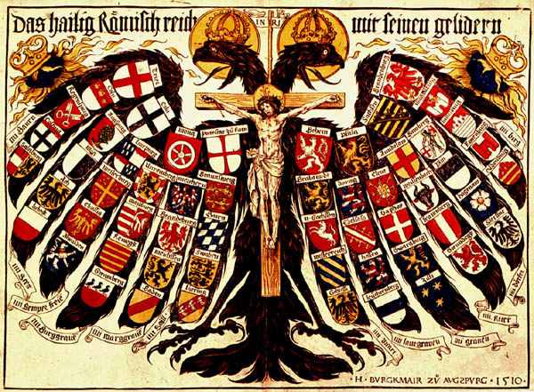 Двуглавый орел Священной Римской империи, головы которого венчают короны и нимбы Святого Духа, и крест Иисуса Христа - главный символ христианства. На крыльях орла изображены гербы крупнейших герцогств, курфюршеств, княжеств, епископств и вольных городов Германии.