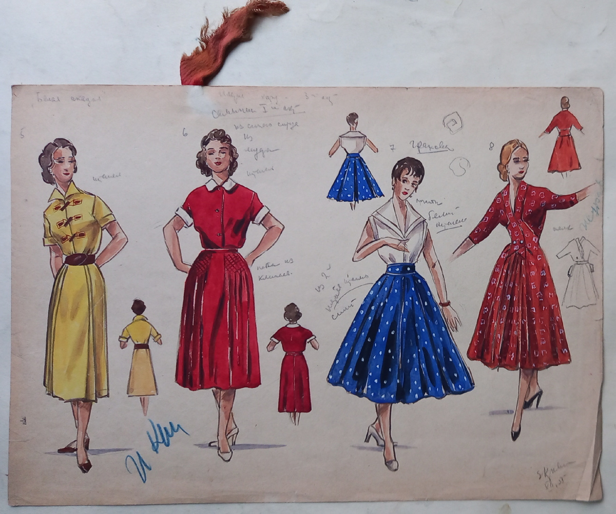 XII.1955 г.. Художник Е. Я. Кривинская. Костюмный эскиз для оперетты "Белая акация". Бумага (размер 28,6х40,3 см), гуашь, акварель (?), карандаш. Из архива автора.