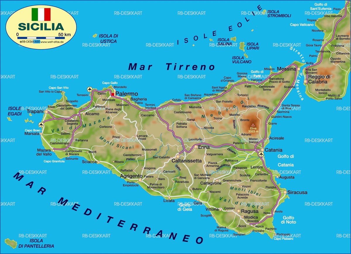 Карта Сицилии и Эоловыми островами. Фото из открытых источников.