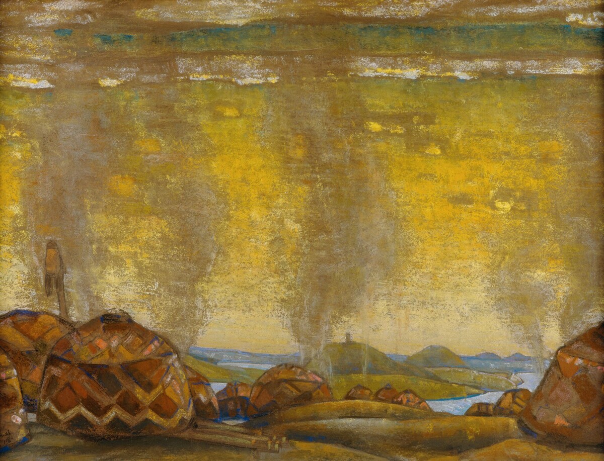 Николай Рерих. Половецкий стан. Эскиз декорации к опере А.П. Бородина «Князь Игорь». 1908. Бумага на картоне, пастель. Государственная Третьяковская галерея