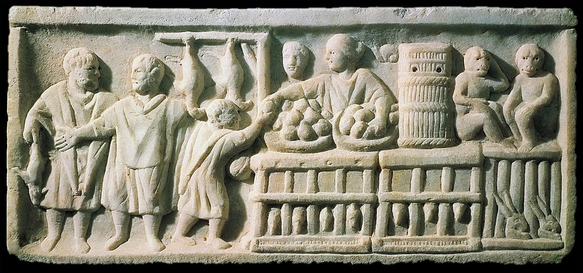 Каменный рельеф в музее Остии, служивший вывеской магазина в Остии в конце II века н. э. 
(https://commons.wikimedia.org/wiki/File:OstiaRelief.jpg).
