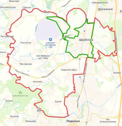 Карта района Щербинка с присоединенными территориями. Зеленые линии это границы г.о. Щербинка, а красные границы нового муниципального образования Щербинка.