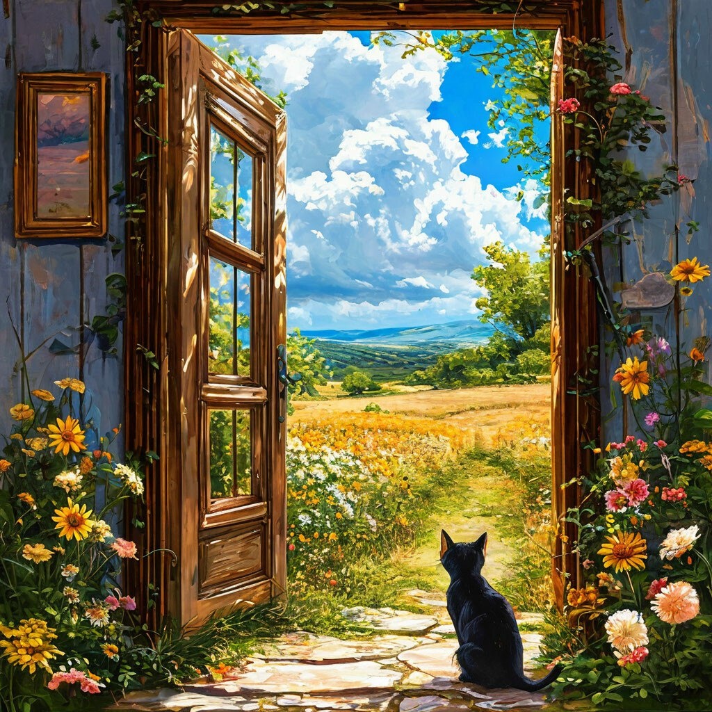 Изображение сгенерировано нейросетью Шедеврум. Из зимы в лето она делать дверь не хочет, пришлось довольствоваться из осени.