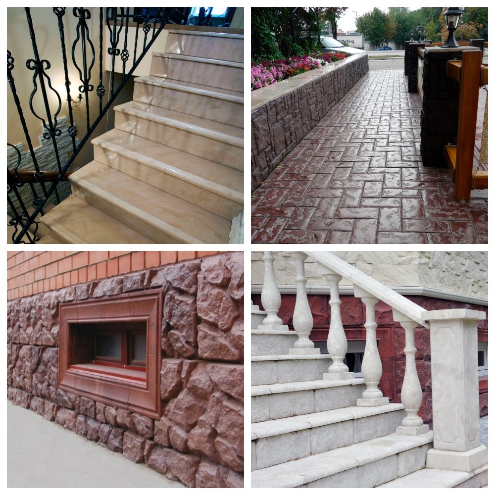 Изделия, изготовленные из Систром-бетона, визуально ничем не отличаются от изделий, изготовленных из натуральных камней. (На фото представлены изделия Систром под натуральный мрамор и гранит).