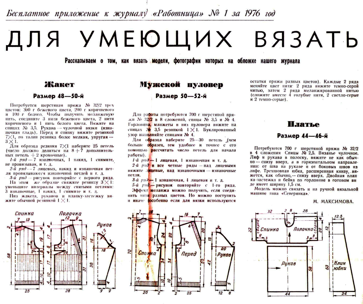 Бесплатные приложения к журналу "Работница" за 1976 г., № 1 (вязаные жакет, пуловер и платье)