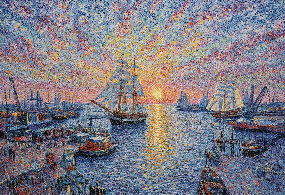 "Sailing ships entering the harbor at dawn." Paul Signac, 1868.  «Парусные корабли заходят в гавань на рассвете». Поль Синьяк.1868 г.