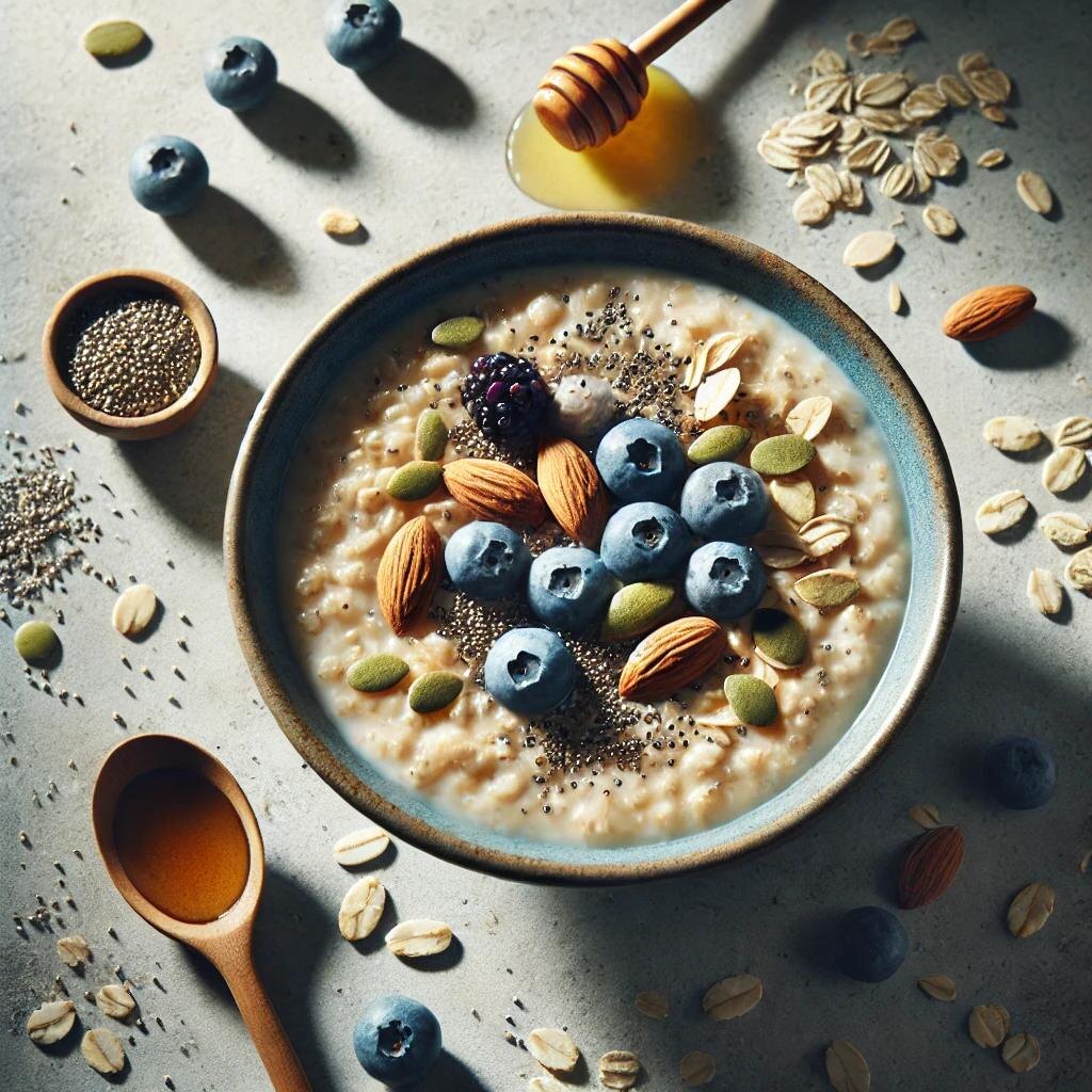 Овсяная каша с орехами,медом и ягодами