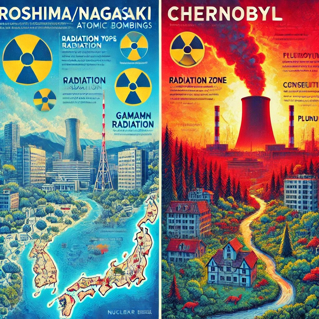 Художественная композиция двух противоположных пейзажей показывает ключевые различия между гамма-излучением от атомных бомб в Хиросиме/Нагасаки и долгоживущими изотопами (например, цезий-137 и плутоний) из Чернобыля. Контрастные цвета, такие как синий и красный, подчеркивают различные виды воздействия радиации.