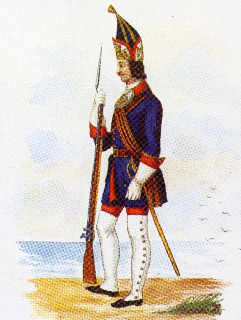 На рисунке: Лейтенант флотских гренадеров в форме 1728 г.