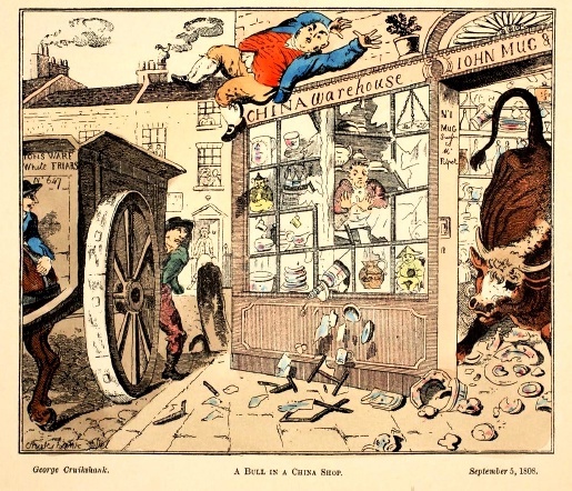 Гравюра Г. Крукшанка. Бык в фарфоровой лавке, 1808 г.