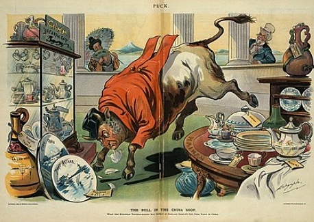 Карикатура Л. Далримпла. Бык в фарфоровой лавке, 1898 г.
