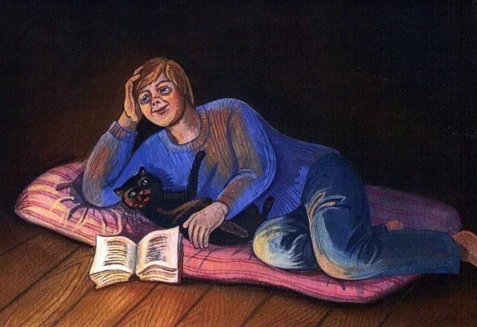 Это прямо я. Лежу на полу на тюфячке с книжкой и мечтаю. Вот только кошки у меня нет. Картинка из открытых источников.