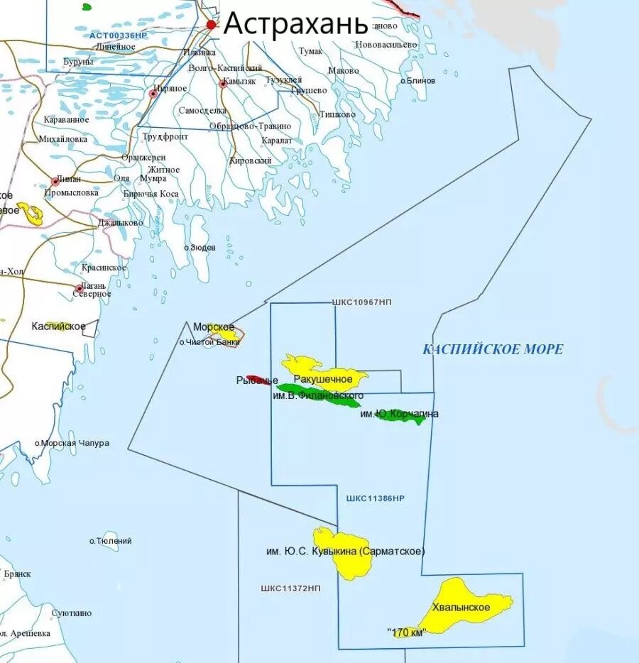 Рисунок 1 карта месторождений в Каспийском море.