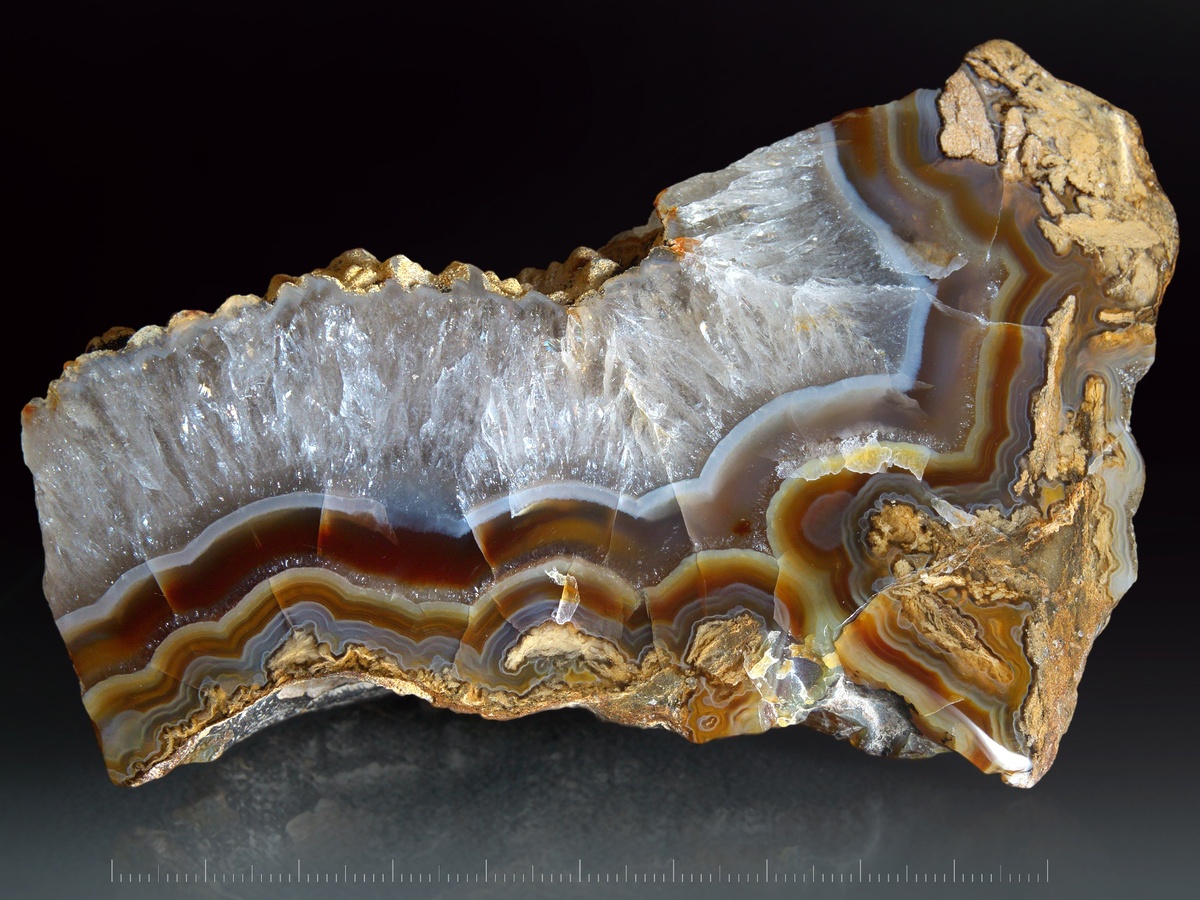 Агат, халцедон, кварц. Агатовый слой образован продольными срезами халцедоновых почек; небольшие агатовые миндалины в окремнелом известняке по краю дополняют рисунок. Московская область, Ступинский район