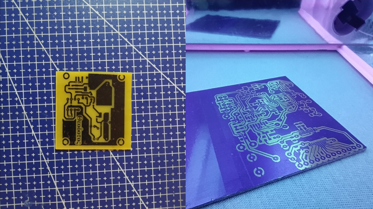 Слева плата с перенесённым рисунком методом ЛУТ, справа - фоторезист.