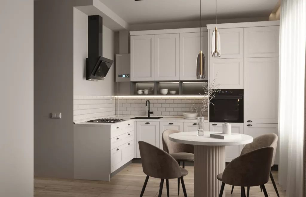 Кухня с газовой колонкой (белой) и воздуховодом в коробе