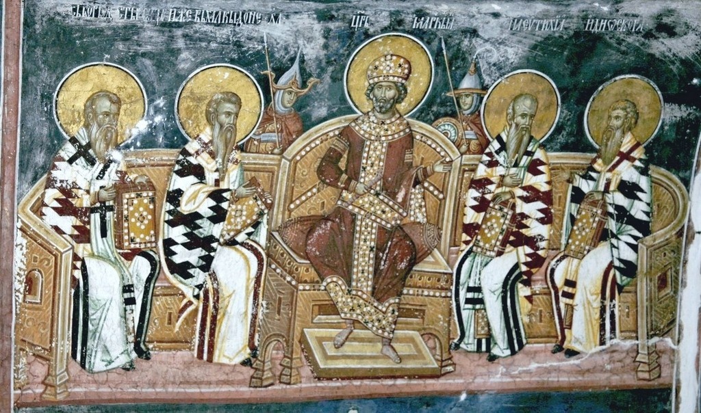 Четвёртый Вселенский собор. 16 в. Фреска притвора монастыря Печская Патриархия, Косово и Метохия, Сербия.

