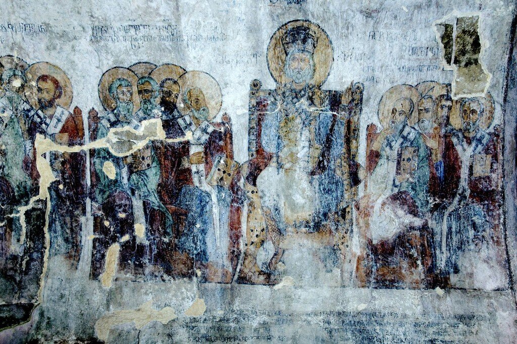 Четвёртый Вселенский собор. 12 в. Фреска притвора собора Рождества Пресвятой Богородицы в монастыре Гелати. Грузия.