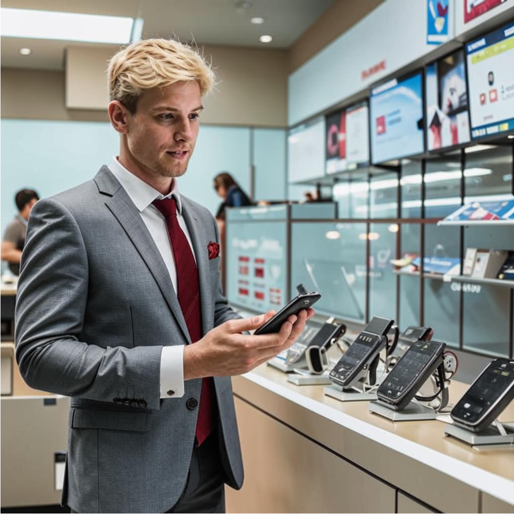 Менеджер предлагает Эндрю Блеквуду телефоны. (создано нейросетью Кандинский)