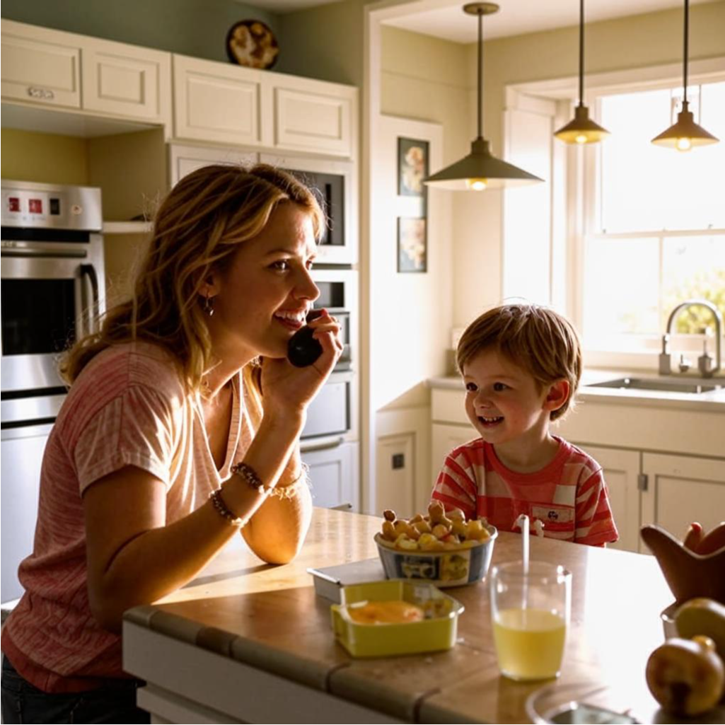 Подруга семьи, Сьюзан с детьми Блеквудов на кухне своего дома. 9Создано нейросетью Кандинский)