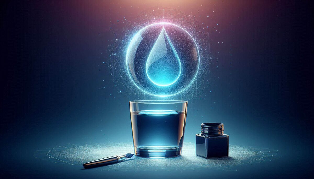 Прозрачный стакан с водой, рядом — капля краски, символизирующая основу чернил
