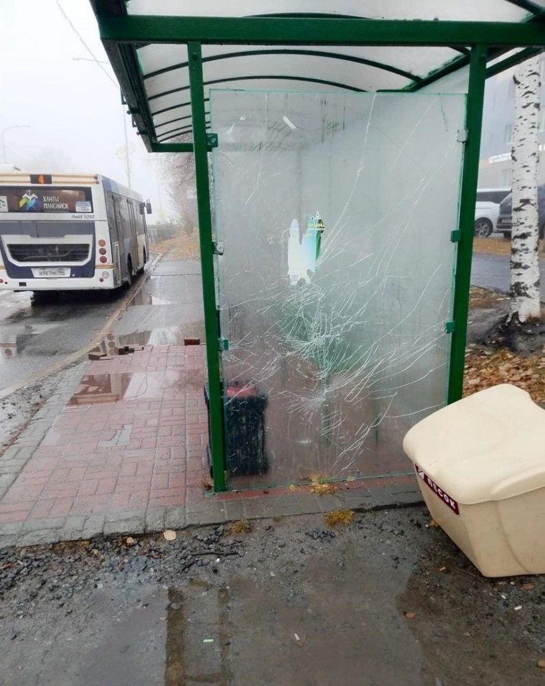    Жительница Ханты-Мансийска расколотила молотком стекло на остановке