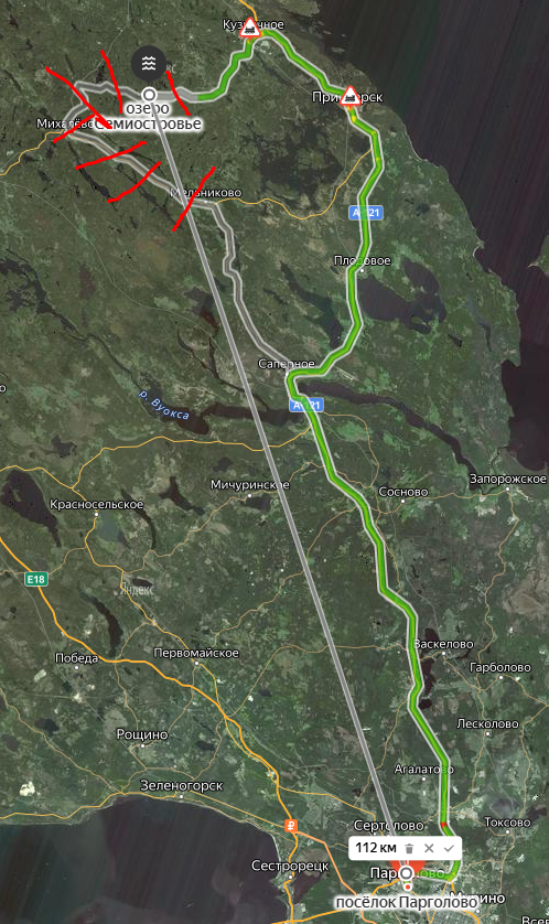Расстояние и маршрут до озера Семиостровье. Красным зачёркнут маршрут не подходящий для большинства автотранспорта.