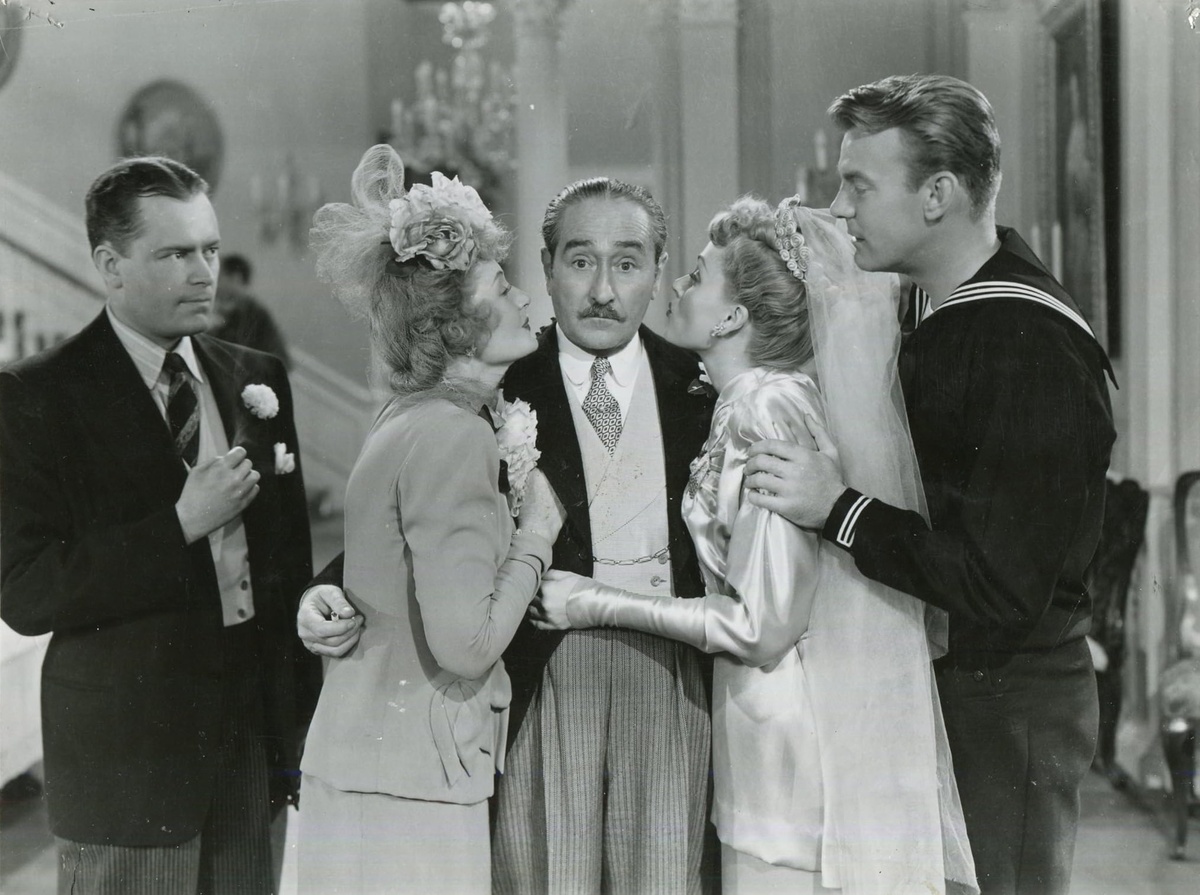 Актер Чик Чандлер, актриса Джун Хэвок, актер Адольф Менжу, актер Деннис О’Кифи и актриса Марта Скотт в фильме дуэта режиссеров Фрица Фрилинга и Эндрю Л. Стоуна «Привет, Диддл, Диддл» (Hi Diddle Diddle)