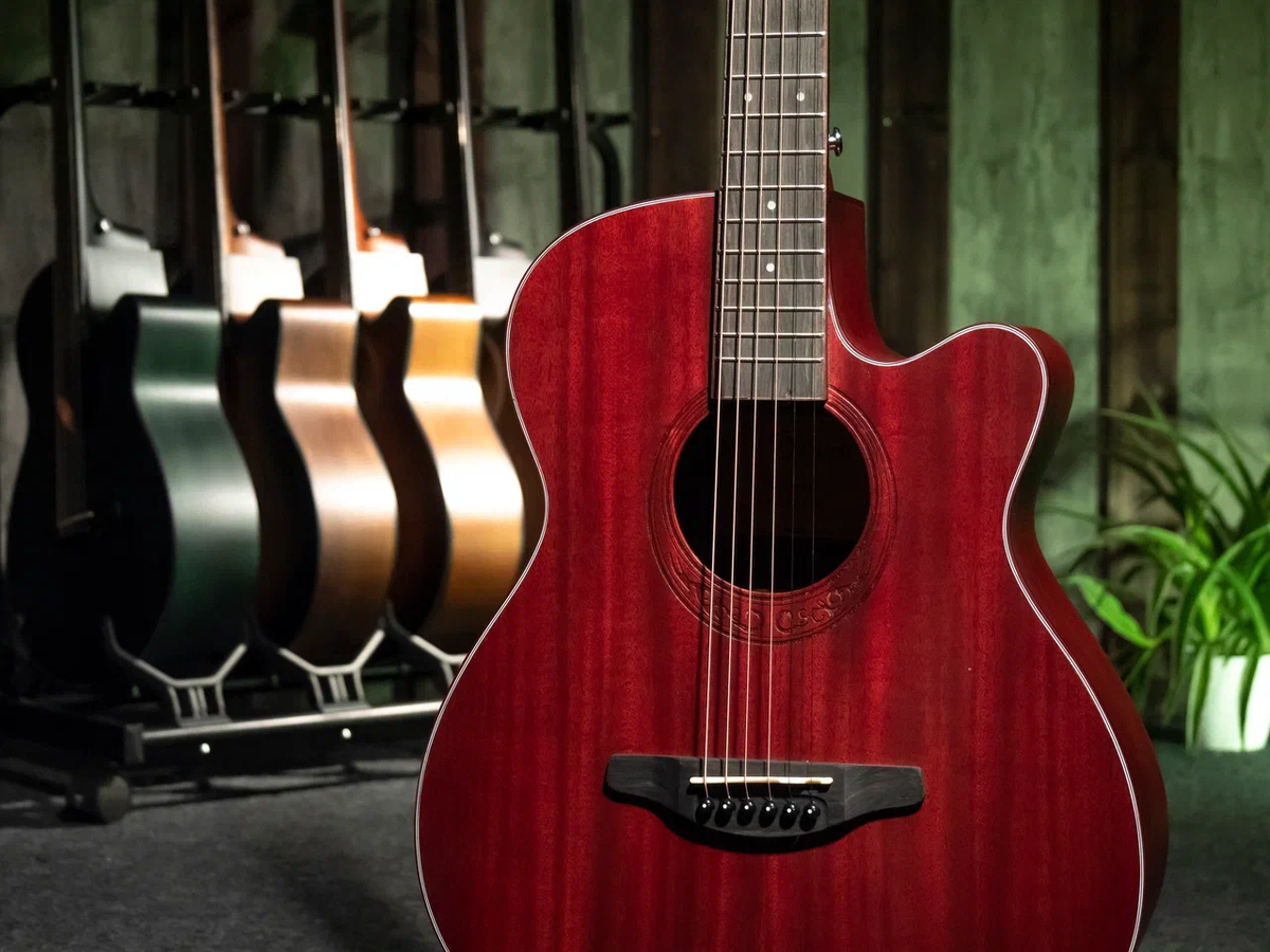Акустическая гитара Shinobi H-1/RD. В серии есть также тёмно-зелёный, черный и натуральный цвет.