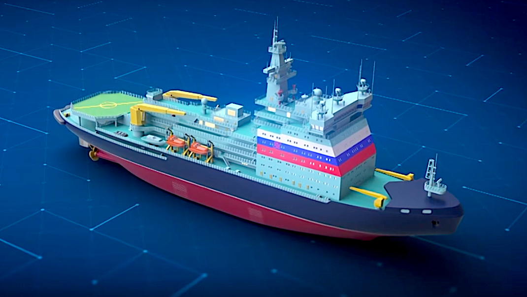 Визуализация универсального атомного ледокола (УАЛ) проекта 22220. Скриншот из видео «Покорители Арктики». Источник: atomic-energy.ru