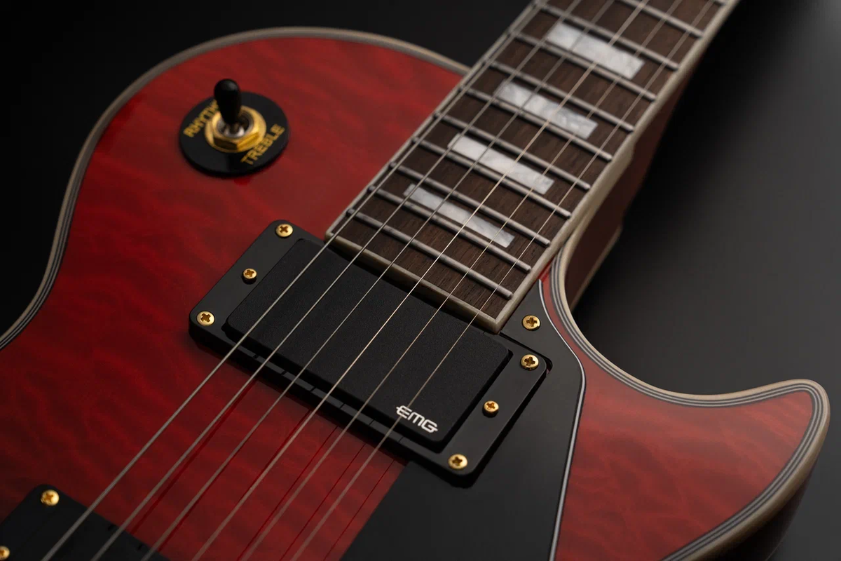 Темные элементы электроники с золотистыми креплениями на электрогитаре Aion E-50 mix