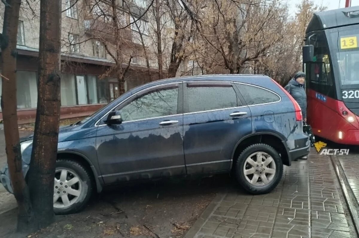    Новосибирский водитель припарковался на газоне, перекрыв движение трамваев