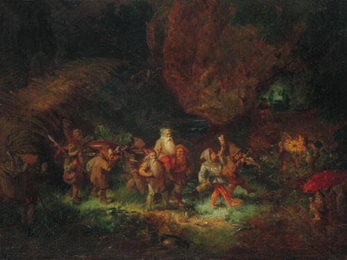 Гномы на картине Hunting Procession of Dwarves (1873) работы немецкого художника Мено Мюлига 