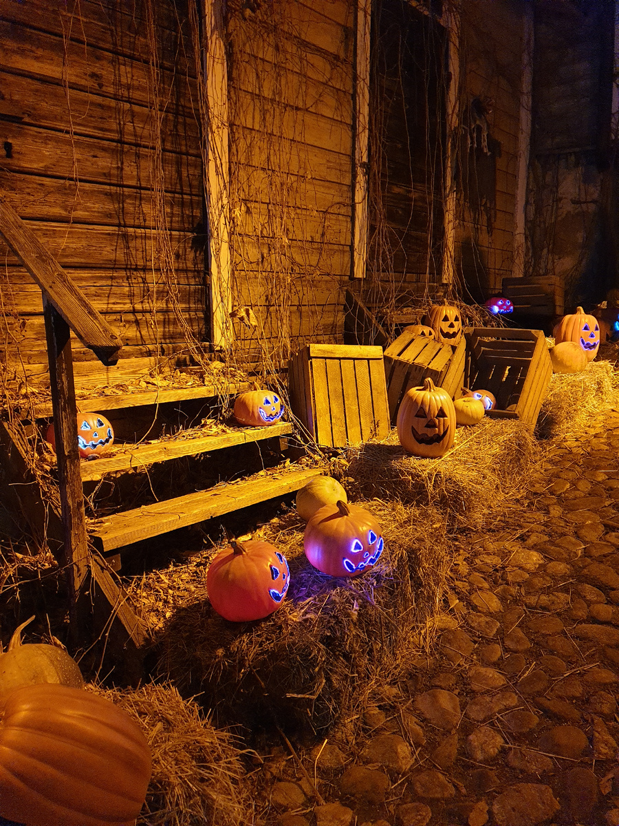 Тыковки на фоне дома с привидениями.