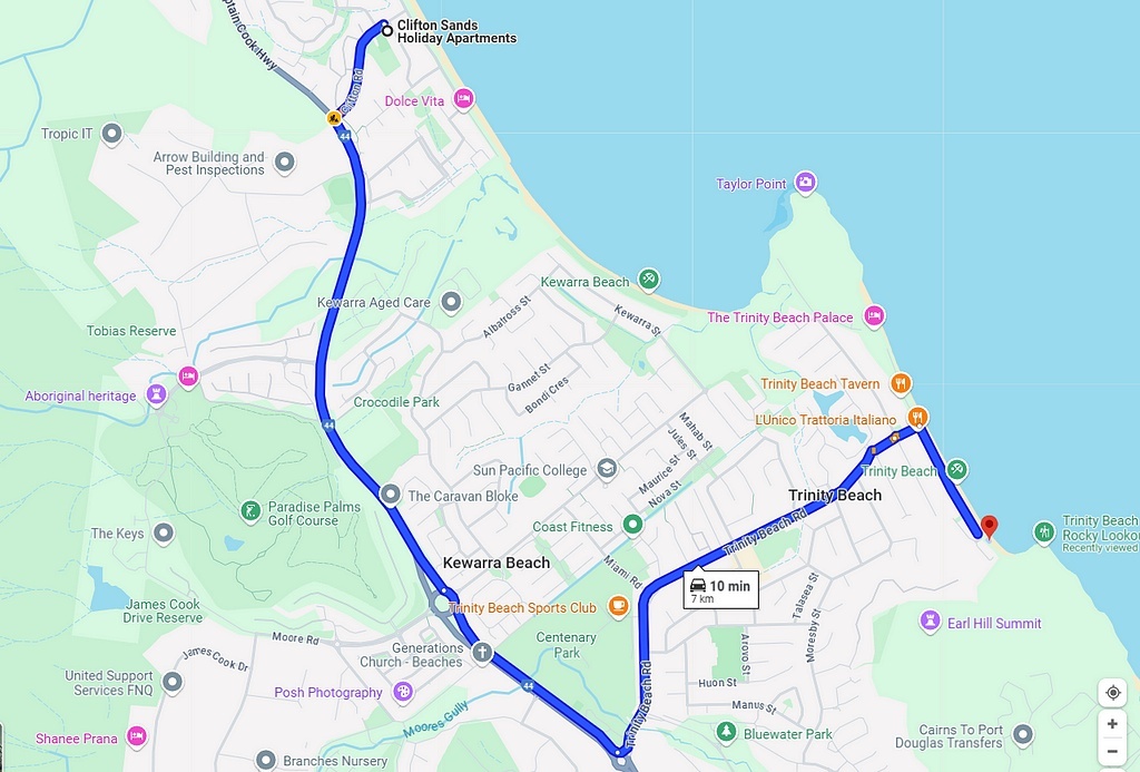 Маршрут от отеля до автостоянки на Экспланаде, где мы оставили машину и отправились пешком на холм встречать рассвет, Источник - Гугл-мэпс