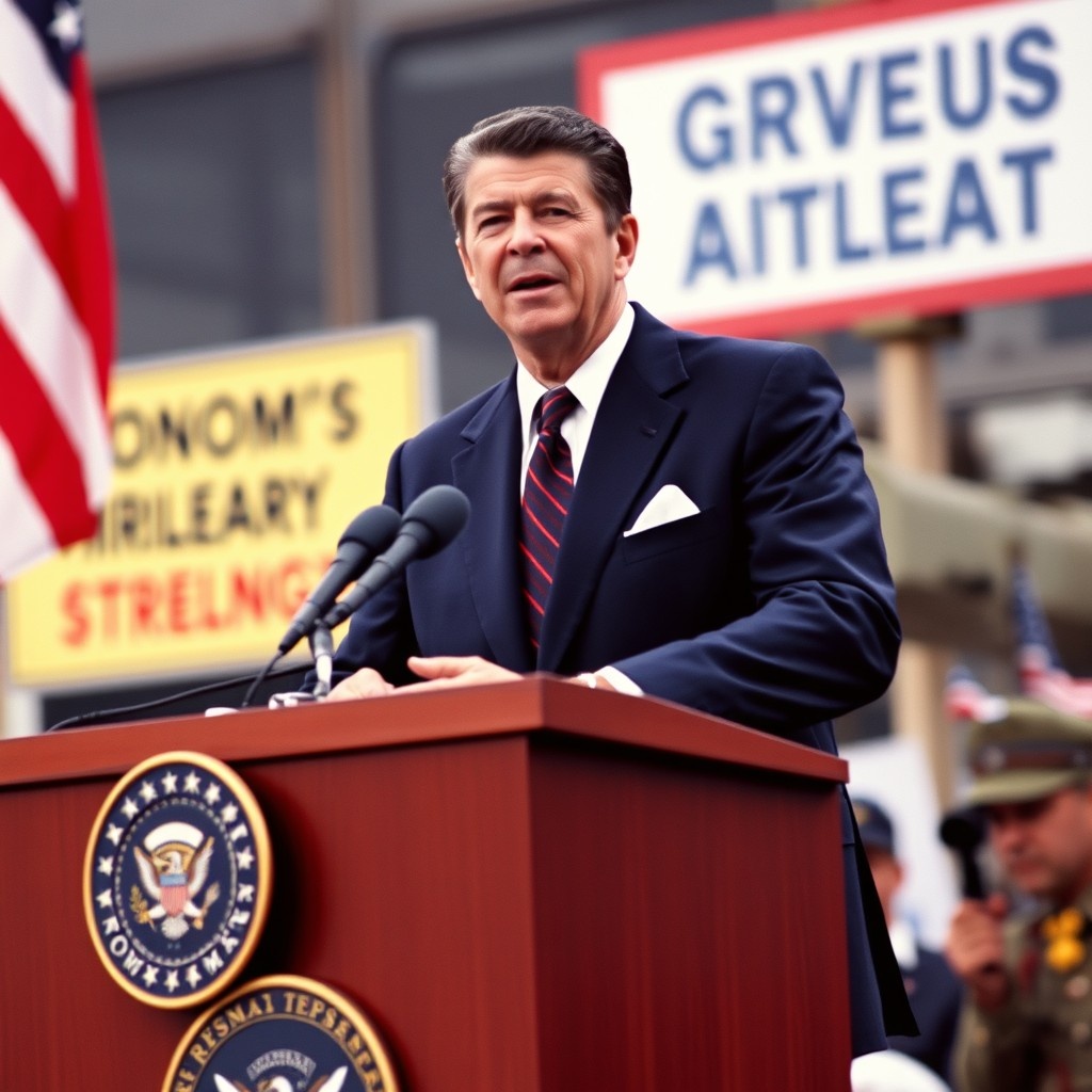 Рейган выступает с речью о своей экономической политике.