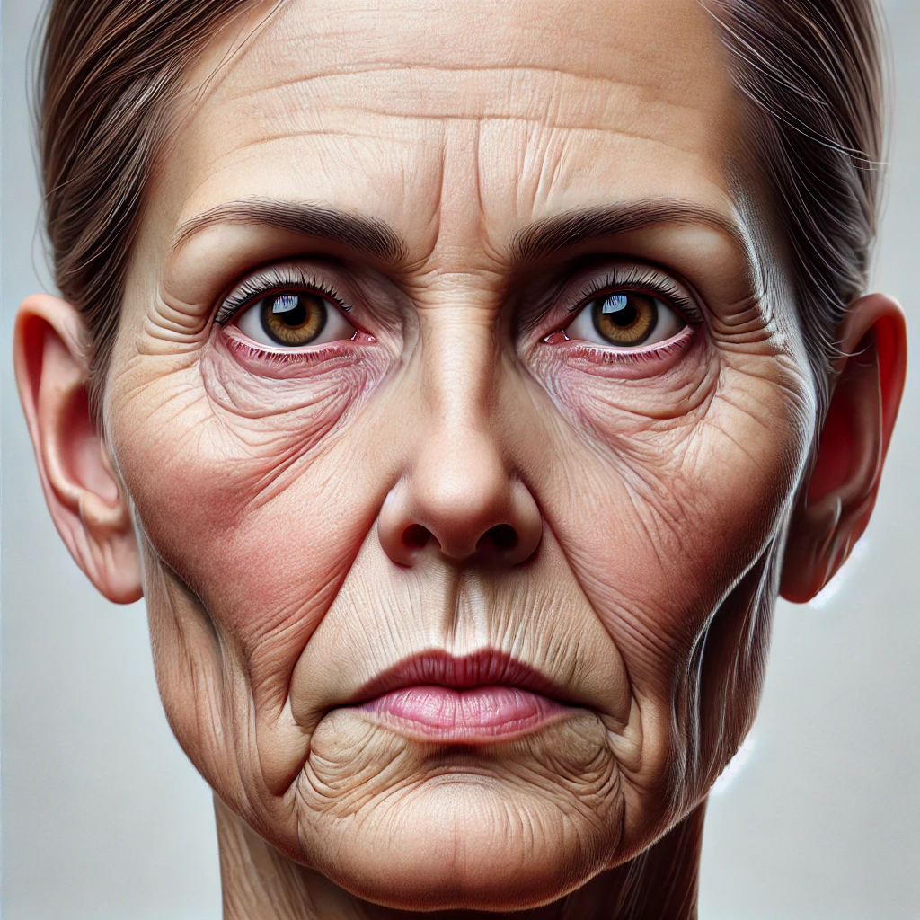 Вот изображение, демонстрирующее отёчно-деформационный морфотип старения, с признаками отёчности и потерей упругости кожи в области щёк, подбородка и под глазами.