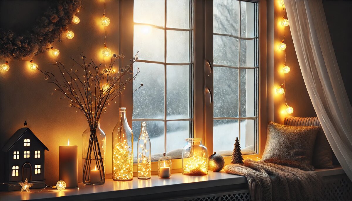 Украшение новогоднего окна 2025 года гирляндами