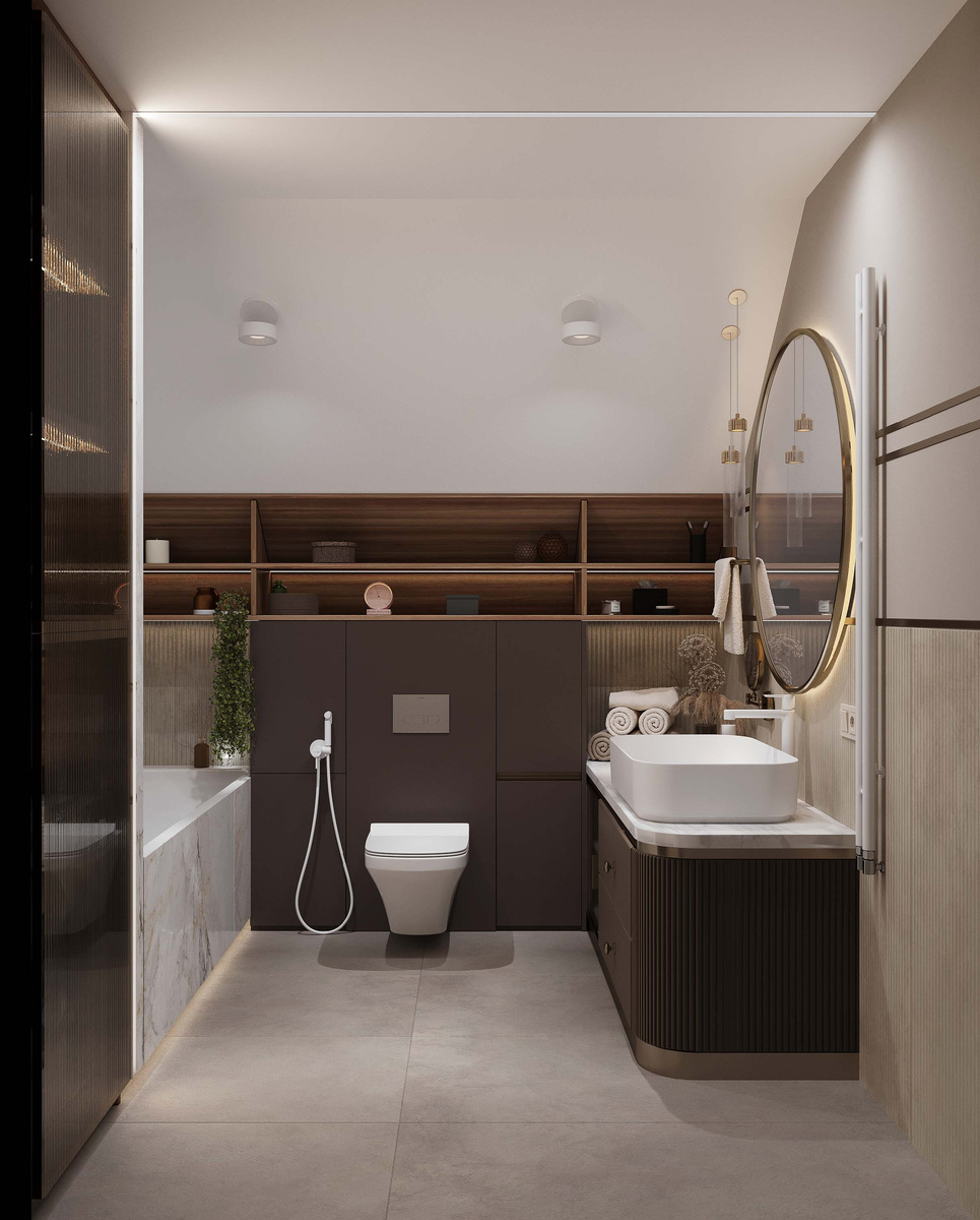 Санузел с ванной под мансардной крышей. Дизайнер инетерьера Харашкевич Юлия