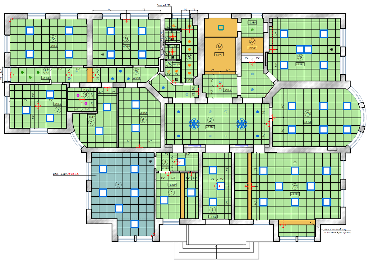 Белые квадраты с синей рамкой на плане потолков первого этажа — это потолочные светильники мощностью 40 Вт
