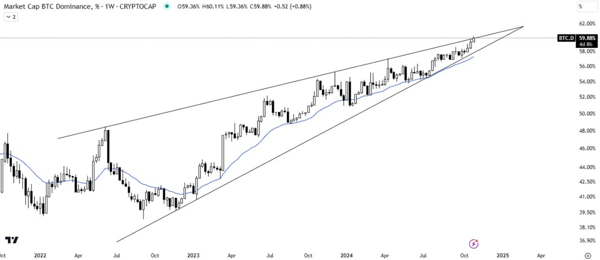 Доминацию BTC растёт с каждым днём.