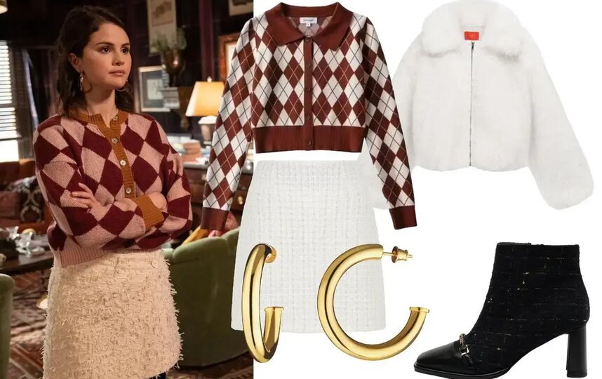    Шуба Only Me (34 980 руб.) / кардиган Aliexpress (1265 руб.) / юбка Katy Collection (8600 руб.) / ботильоны MYSA (16 990 руб.) / серьги Wanna?Be! (17 900 руб.)Скриншот из сериала