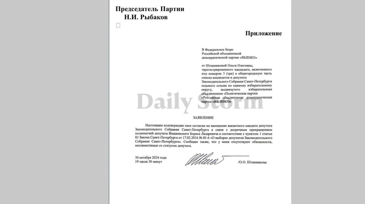    Заявление Ольги Штанниковой о согласии на получение мандата / Фото: пресс-служба партии «Яблоко»