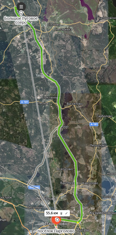 Расстояние от Санкт-Петербурга до Луговых озёр.