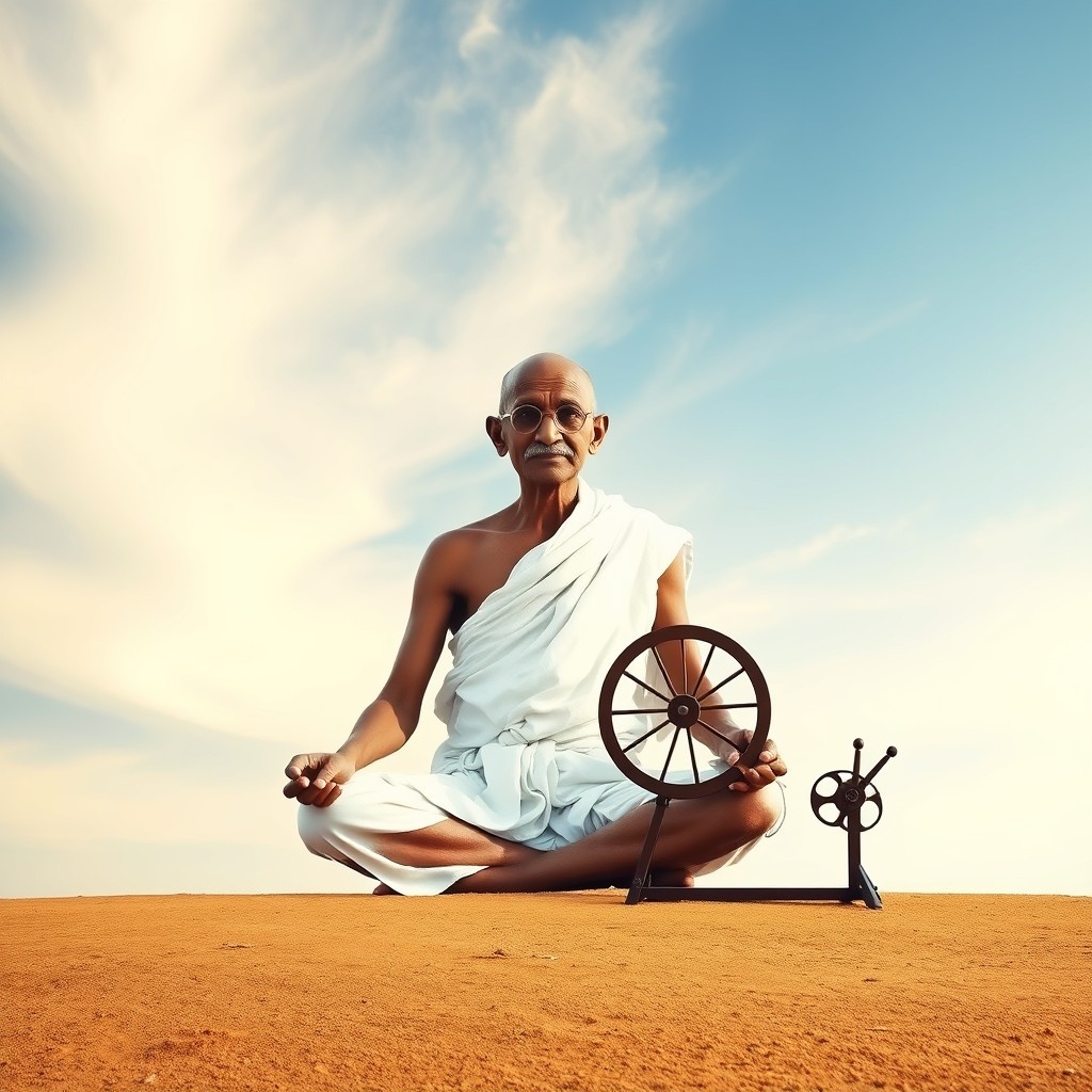 Ганди в медитации с прялкой, символом независимости.