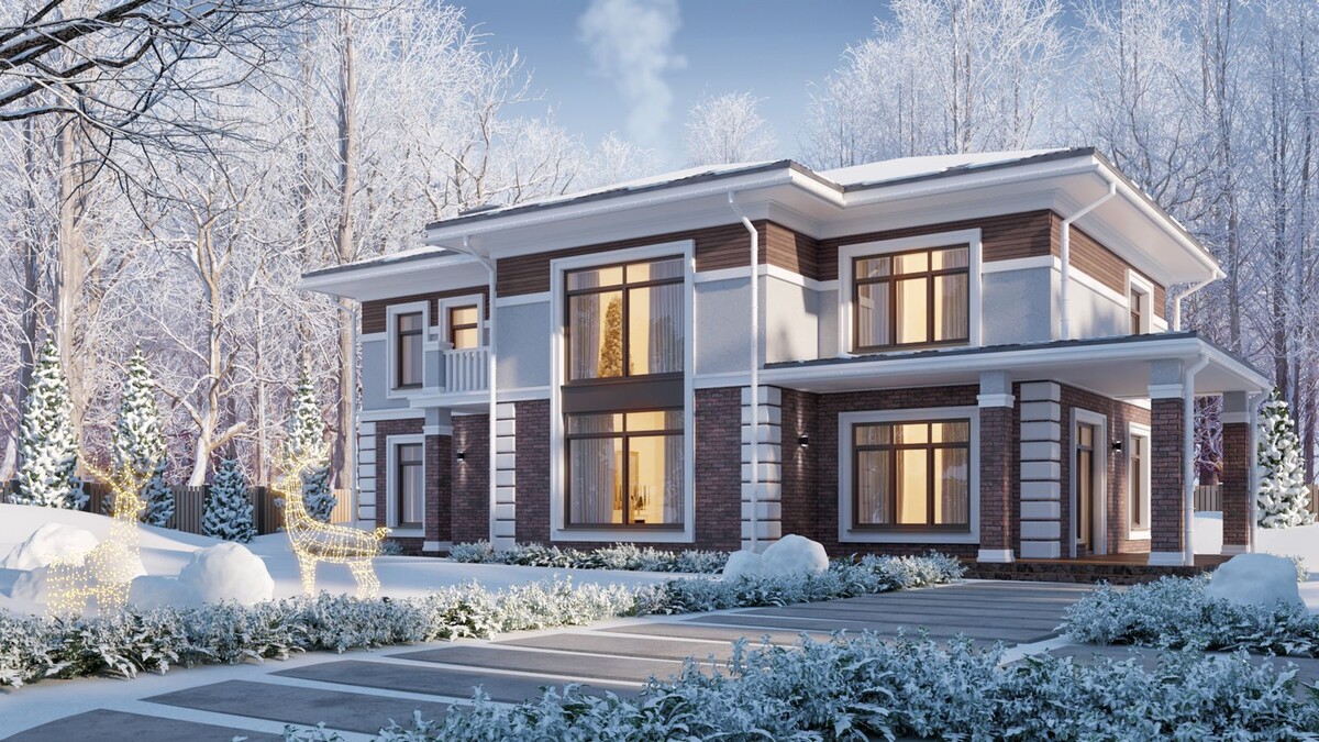 Двухэтажный коттедж с террасой двухсветной гостиной и пятью спальнями общей площадью 241,97 кв.м. 