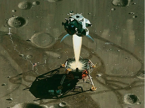 Фальшивое художественное изображение вертикального или прямого взлёта с Луны, невозможного в реальности