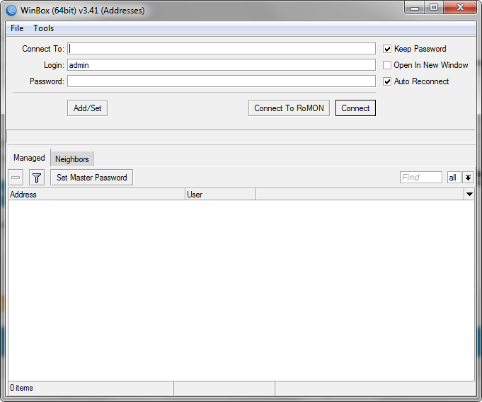 Интерфейс окна WinBox после его первого запуска