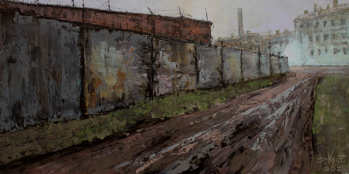 Дмитрий Кустанович. Промзона. Вечер на Лиговке, 65x130 см, 2021