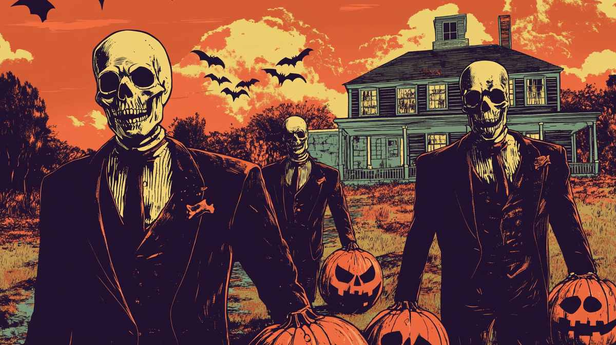 Сгенерировано в Midjourney. ПРОМПТ: 1950s comic book style Halloween party scene, with skeletons in suits and dresses, pumpkins with spooky faces, and a classic haunted house in the background, bold colors, halftone texture, vintage horror aesthetics --ar 16:9
